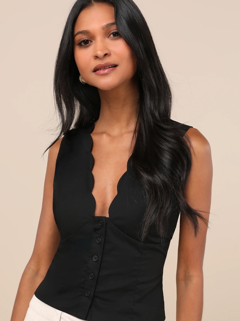 NWT Lulu's Scallop-Edge Black Button-Front Women's Top Sz M